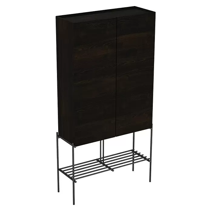 VitrA Equal Hochschrank - B x T x H: 73,5 x 27,5 x 141 cm, Ulme - Dunkelbrauner Holzschrank mit zwei Türen, auf schwarzen Metallbeinen stehend, mit einem unteren Metallregal.