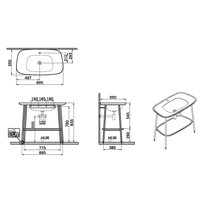 VitrA Plural Badmöbel-Set - Gesamtbreite Badmöbel: 99,5 cm, Schwarz/Eiche Dunkel, Matt, 3 -tlg. - Waschbecken auf einem Standgestell mit ovaler Mulde und unterer Ablage, detailliert bemaßt.
