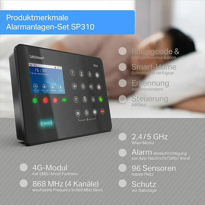 Safe2Home Alarmanlagen-Set Profi Serie SP310 - 17 -tlg., L x B x H: 195 x 136 x 31 mm - Produktbild Alarmanlagen-Set SP310 von Safe2Home®. Das Alarmanlagen-Set bietet viele Produktmerkmale, die im Bild dargestellt werden.