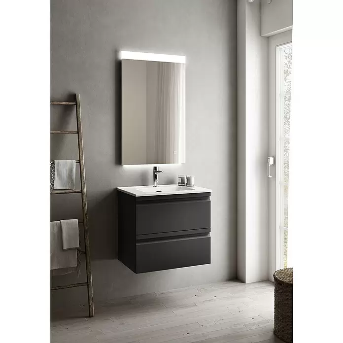Camargue Pull Mueble bajo de lavabo - An x Pr x Al: 59,5 x 45,4 x 55 cm, Grafito - Mueble de baño flotante gris oscuro con lavabo blanco y espejo iluminado en un baño moderno.