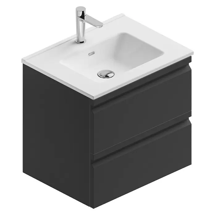 Camargue Pull Mueble bajo de lavabo - An x Pr x Al: 59,5 x 45,4 x 55 cm, Grafito - Mueble de baño gris oscuro con dos cajones, lavabo de cerámica blanca y grifo cromado.