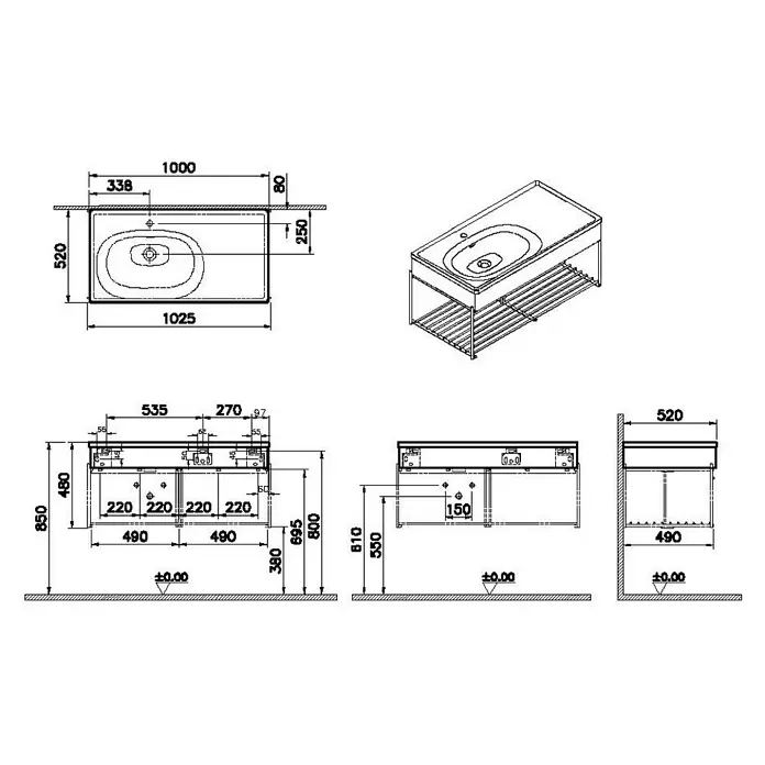 VitrA Equal Badmöbel-Set - Gesamtbreite Badmöbel: 103 cm, Weiß/Ulme, Glänzend, 3 -tlg., Mit Gestell - Maßzeichnung eines Badmöbels mit integriertem Waschbecken und Unterschrank.