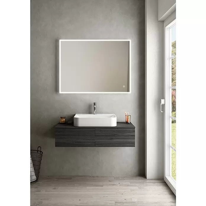 Riva Draw Waschtischunterschrank - 100 x 50 x 25 cm - Moderner Badezimmerschrank mit rechteckigem LED-Spiegel, weißem Aufsatzwaschbecken und dunklem Holz-Hängeschrank.