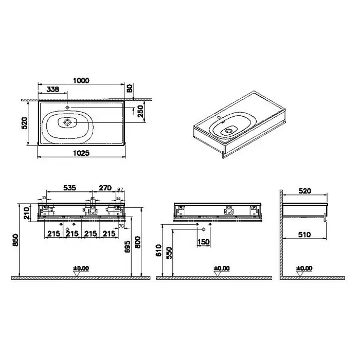 VitrA Equal Badmöbel-Set - Gesamtbreite Badmöbel: 103 cm, Weiß/Schwarz-Eiche, Glänzend, 3 -tlg., Mit Handtuchhalter - Technische Zeichnungen eines rechteckigen Waschbeckens mit integriertem Waschtisch, Ansichten und Maßen.