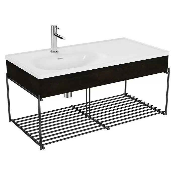 VitrA Equal Badmöbel-Set - Gesamtbreite Badmöbel: 103 cm, Weiß/Ulme, Glänzend, 3 -tlg., Mit Gestell - Moderner Waschtisch mit weißem Waschbecken, Chromarmatur, dunklem Holzschrank und schwarzem Metallrahmen mit Lattenrost.