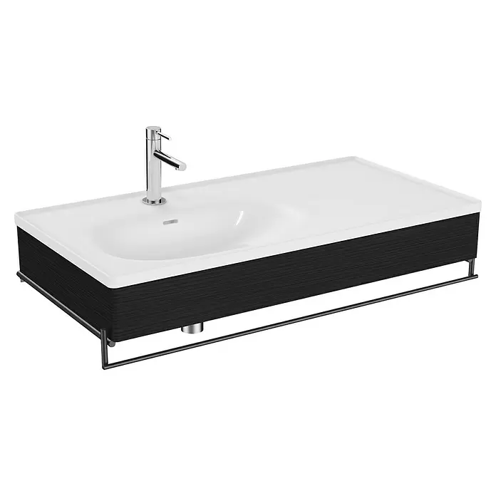 VitrA Equal Badmöbel-Set - Gesamtbreite Badmöbel: 103 cm, Weiß/Schwarz-Eiche, Glänzend, 3 -tlg., Mit Handtuchhalter - Moderne wandmontierte Badmöbel mit integriertem weißen Waschbecken, Chromarmatur, dunklem Holzschrank und Handtuchhalter.