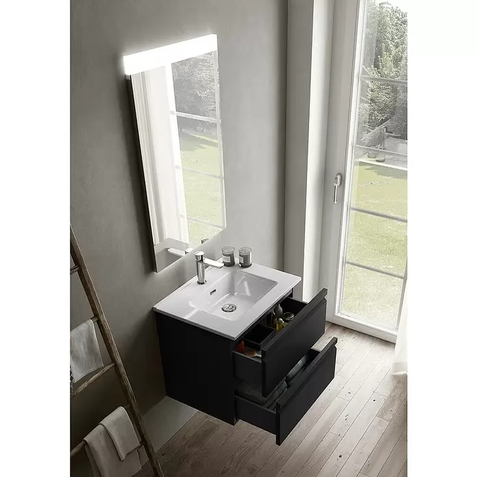 Camargue Pull Mueble bajo de lavabo - An x Pr x Al: 59,5 x 45,4 x 55 cm, Grafito - Mueble de baño negro con lavabo blanco, grifo cromado y cajones de almacenaje abiertos, en un baño moderno y luminoso.