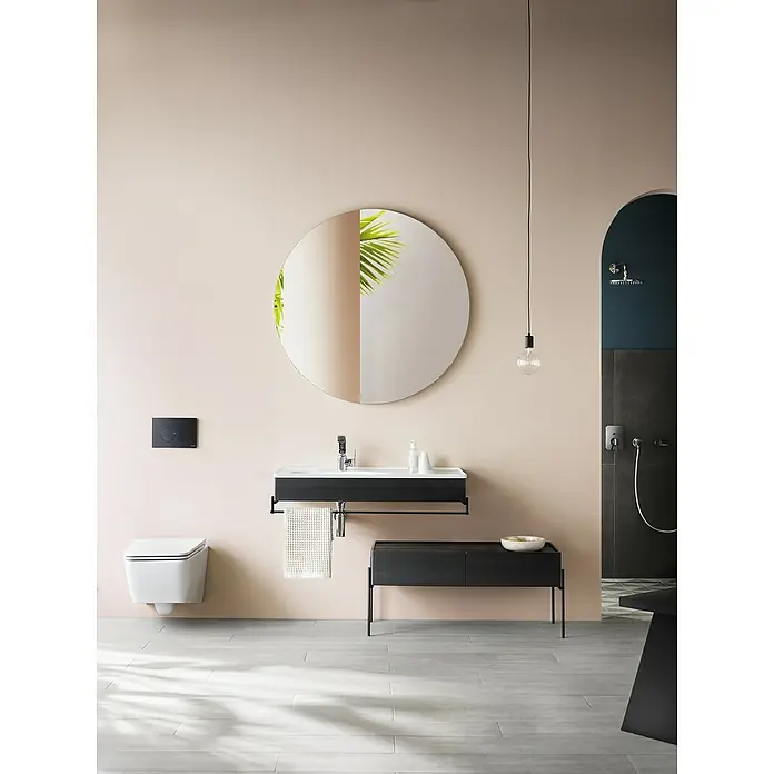 VitrA Equal Badmöbel-Set - Gesamtbreite Badmöbel: 103 cm, Weiß/Schwarz-Eiche, Glänzend, 3 -tlg., Mit Handtuchhalter - Elegantes Badezimmerdesign mit einem runden Spiegel, einem modernen Waschbeckenunterschrank und einer stilvollen Beleuchtung für ein luxuriöses Ambiente.