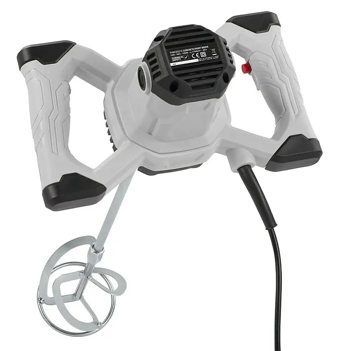 PowerPlus Mezclador de pintura y mortero POWC6020 - 1.050 W, Diámetro paleta de mezcla: 125 mm, M 14 - Imagen de un mezclador de concreto/pintura con doble asa, un accesorio mezclador en espiral y un cable de alimentación negro.