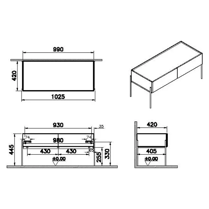 VitrA Equal Unterschrank - B x T x H: 102 x 42 x 44,5 cm, Ulme - Technische Zeichnung eines rechteckigen Schranks mit zwei Schubladen und vier Beinen, mit Maßen und Ansichten.