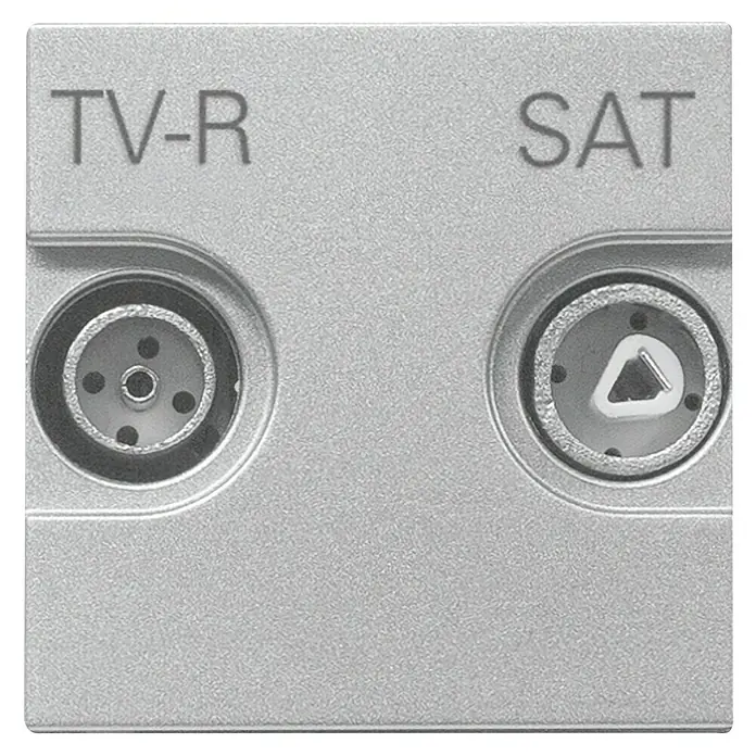 Pieza insertada para caja de antena Zenit - x 2, Plata - Primer plano de un conector de TV y satélite en una placa plateada. Los puertos están etiquetados como TV-R y SAT.