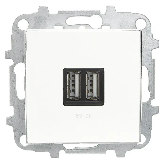 Toma USB doble Zenit - x 2, Blanco, Mate, Montaje enrasado - Toma de pared con dos puertos USB (5V DC) enmarcada en un soporte metálico plateado, para soluciones de carga modernas.