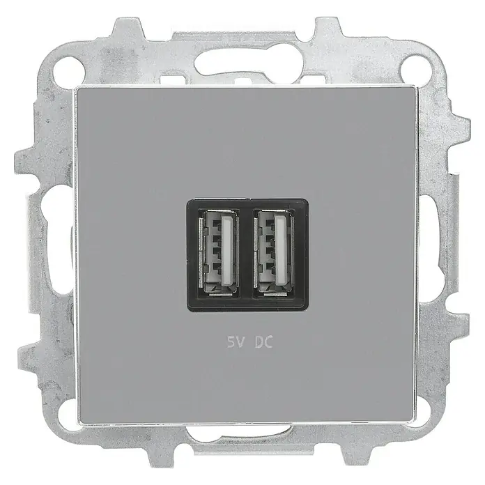 Toma USB doble Zenit - x 2, Plata, Mate, Montaje enrasado - Enchufe empotrado con dos puertos USB. Permite cargar dispositivos directamente en la pared. Solución moderna para el hogar.
