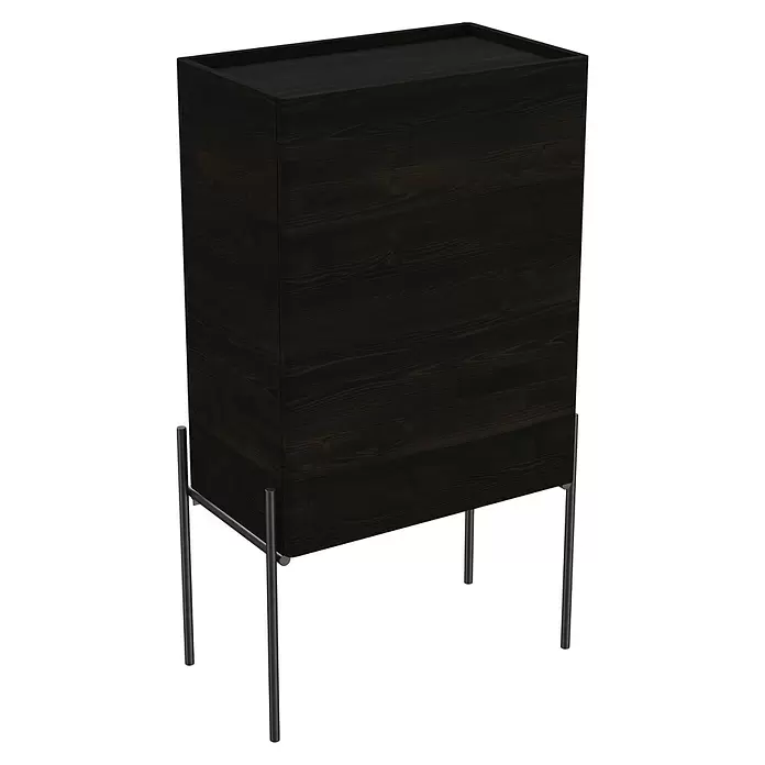 VitrA Equal Midischrank - B x T x H: 45 x 27 x 85 cm, Ulme, DIN Anschlag: Rechts - Dunkelbrauner Schrank mit Holzmaserung und erhöhter Ablage, auf schlanken dunklen Metallbeinen.