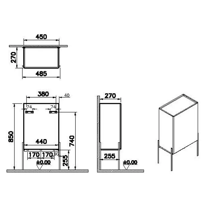 VitrA Equal Midischrank - B x T x H: 45 x 27 x 85 cm, Ulme, DIN Anschlag: Links - Detaillierte technische Zeichnung eines Einbaugeräts mit Maßangaben aus verschiedenen Ansichten.