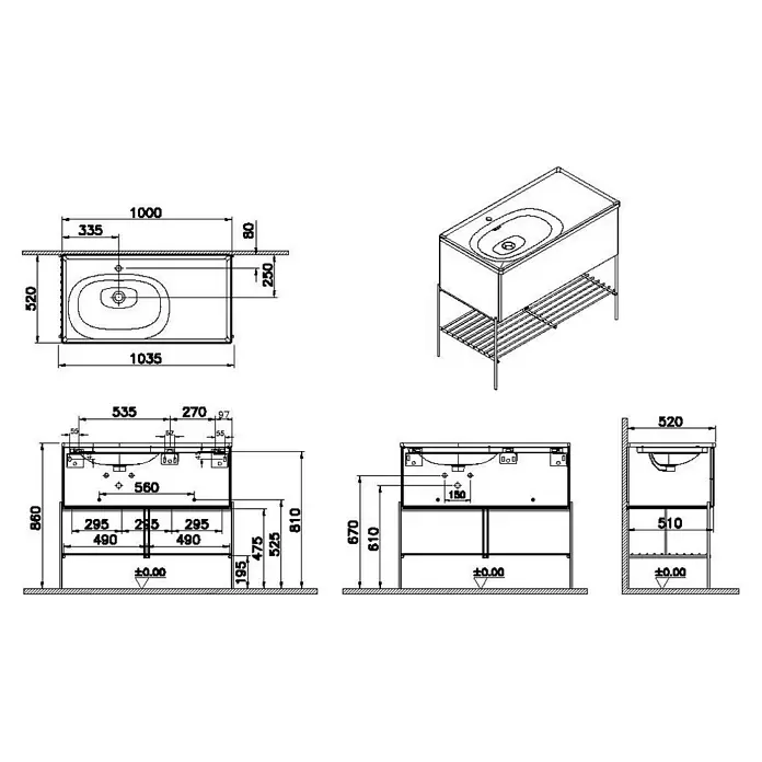 VitrA Equal Badmöbel-Set - Gesamtbreite Badmöbel: 103 cm, Weiß/Ulme, Glänzend, 3 -tlg., Mit Gestell und Schublade - Technisches Zeichnung eines Waschtischunterschranks mit integriertem Waschbecken, zeigt Maße und verschiedene Ansichten.