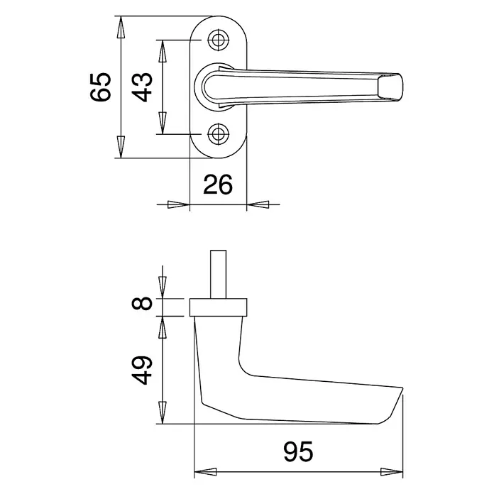 Portaferm Fenstergriff - Vierkantstift: 7 mm, Silber, Universell einsetzbar, Form Drücker: L-Form - Schemazeichnung eines Türgriffs mit Maßangaben zur Produktpräsentation.