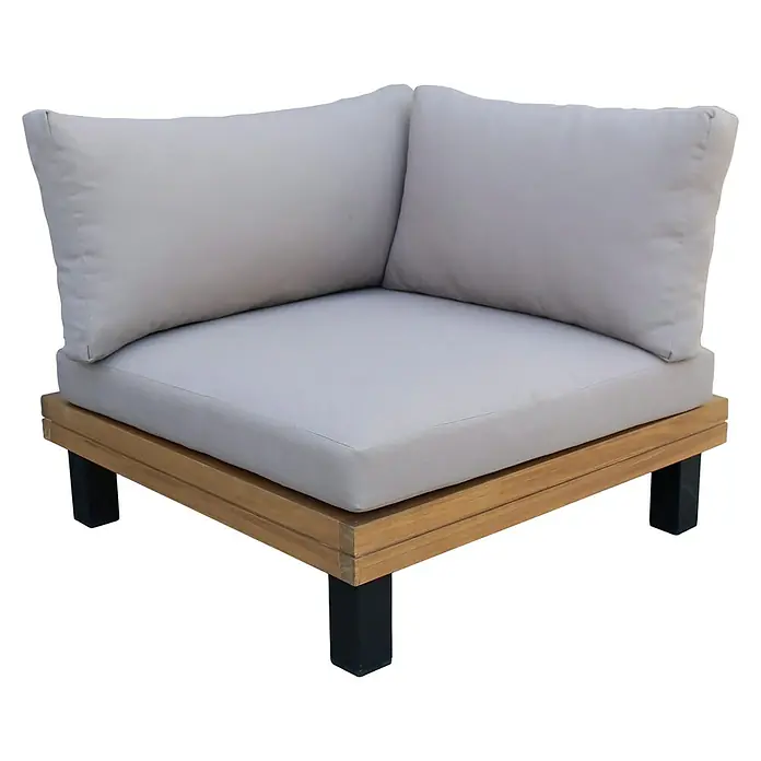 Conjunto de muebles Elsa - 6 pzs., Madera de acacia/Aluminio, Marrón - Elemento de sofá esquinero modular con cojines gris claro y estructura de madera para exterior.