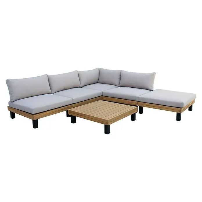 Conjunto de muebles Elsa - 6 pzs., Madera de acacia/Aluminio, Marrón - Un moderno conjunto de sofás de exterior con cojines grises y una mesa de madera a juego, ideal para relajarse en el jardín.