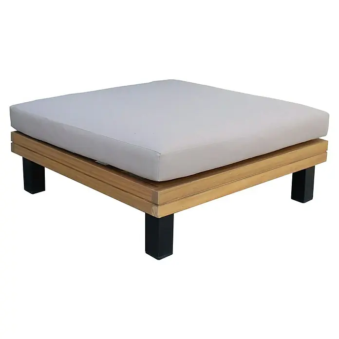 Conjunto de muebles Elsa - 6 pzs., Madera de acacia/Aluminio, Marrón - Puf cuadrado con cojín blanco y estructura de madera con patas negras. Un complemento elegante para cualquier sala de estar.