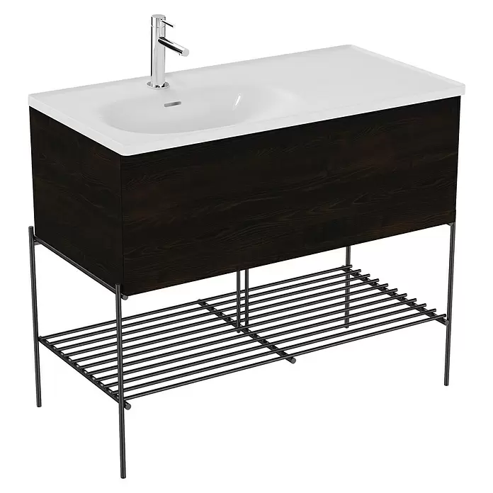 VitrA Equal Badmöbel-Set - Gesamtbreite Badmöbel: 103 cm, Weiß/Ulme, Glänzend, 3 -tlg., Mit Gestell und Schublade - Waschtischunterschrank mit dunklem Holzschrank, weißem Waschbecken, Chromarmatur und schwarzem Metallgestell mit Lattenrost.