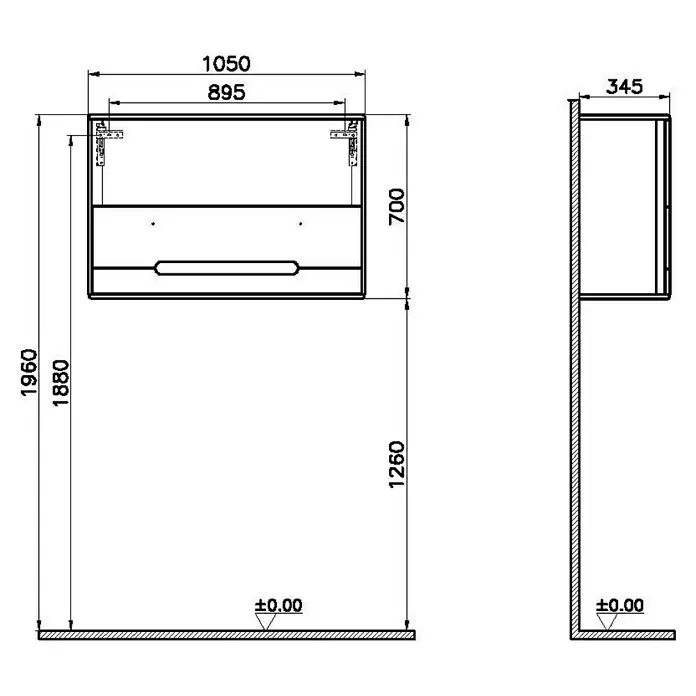 VitrA Sento Hängeschrank - B x T x H: 105 x 34,5 x 70 cm, Weiß - Detaillierte technische Zeichnung eines schwebenden Wandschranks, mit Vorder- und Seitenansicht, allen Maßen und Installationshöhen.