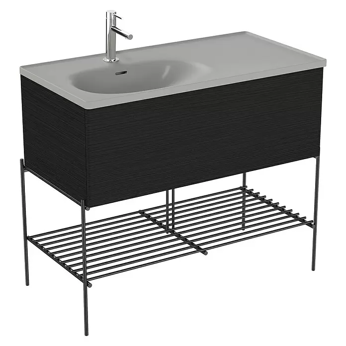 VitrA Equal Badmöbel-Set - Gesamtbreite Badmöbel: 103 cm, Steingrau/Schwarz-Eiche, Matt, 3 -tlg., Mit Gestell und Schublade - Moderne Waschtischkonsole mit integriertem grauem Waschbecken, dunklem Holzschrank und schwarzem Metallgestell mit Lamellenablage.