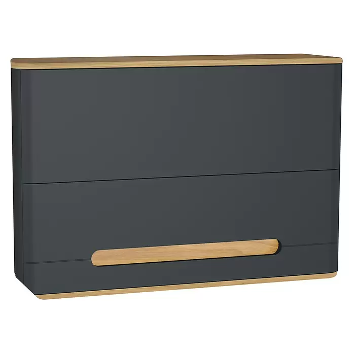 VitrA Sento Hängeschrank - B x T x H: 105 x 34,5 x 70 cm, Anthrazit - Dunkelgrauer Schrank mit abgerundeten Kanten, heller Holzplatte, Sockel und integriertem Griff.
