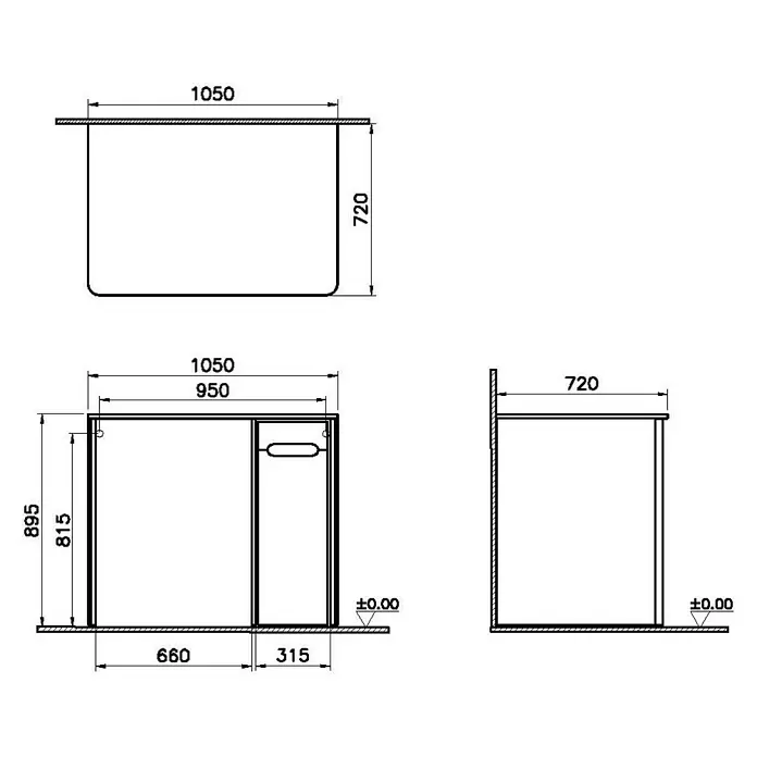 VitrA Sento Waschmaschinenschrank - B x T x H: 105 x 72 x 89,5 cm, Anthrazit, Auszug rechts - Technische Zeichnung einer rechteckigen Küchenspüle mit großem Becken und Abtropffläche, inklusive Maßen.