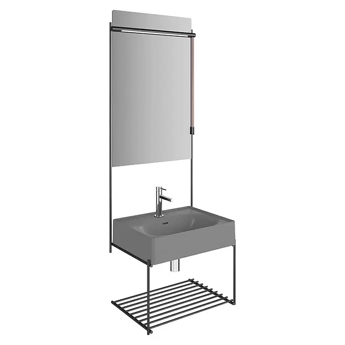 VitrA Equal Badmöbel-Set - Gesamtbreite Badmöbel: 62 cm, Steingrau/Schwarz, Matt, 2 -tlg. - Modernes graues Waschbecken-Set mit Spiegel, integrierter Beleuchtung, Chromarmatur und dunklem Metallrahmen mit Lattenrostablage.