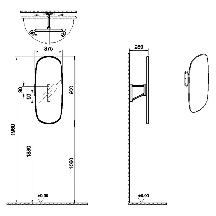 VitrA Plural Wandspiegel - 37,5 x 90 cm, Eiche Dunkel - Technische Zeichnung eines wandmontierten, kippbaren Spiegels mit Maßen und Halterung.