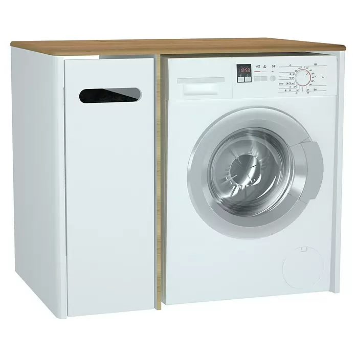 VitrA Sento Waschmaschinenschrank - B x T x H: 105 x 72 x 89,5 cm, Weiß, Auszug links - Weiße Waschmaschine unter einer hellen Holzplatte mit passendem weißem Wäschesammler/Schrank.