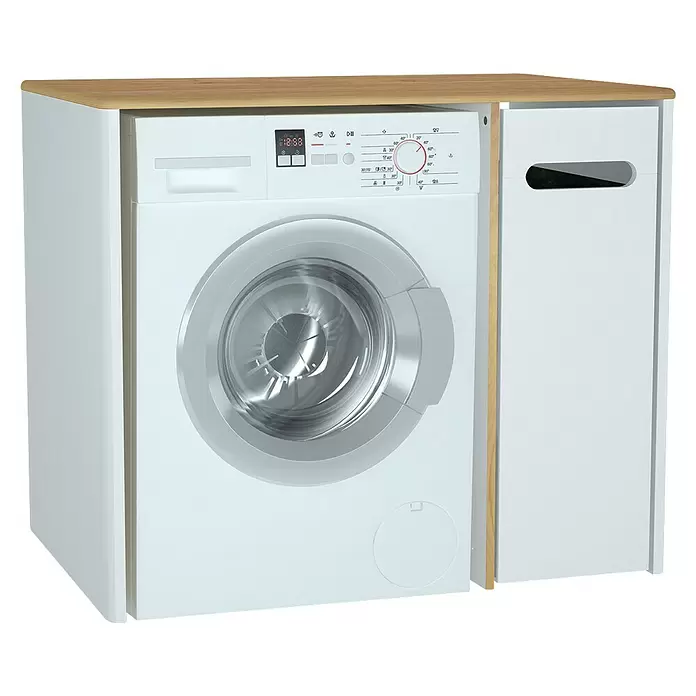 VitrA Sento Waschmaschinenschrank - B x T x H: 105 x 72 x 89,5 cm, Weiß, Auszug rechts - Weiße Frontlader-Waschmaschine und Wäschekorb in einem Schrank mit heller Holzplatte.