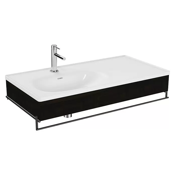 VitrA Equal Badmöbel-Set - Gesamtbreite Badmöbel: 103 cm, Weiß/Ulme, Glänzend, 3 -tlg., Mit Handtuchhalter - Modernes weißes Keramikwaschbecken und dunkler Holzwaschtisch mit Chromarmatur und integrierter Handtuchstange.