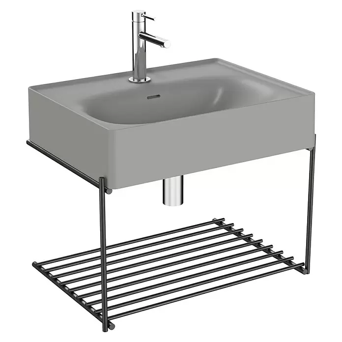 VitrA Equal Badmöbel-Set - Gesamtbreite Badmöbel: 62 cm, Steingrau/Schwarz, Matt, 2 -tlg. - Modernes graues Waschbecken mit Chromarmatur und schwarzem Metallgestell mit Ablage.