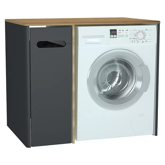 VitrA Sento Waschmaschinenschrank - B x T x H: 105 x 72 x 89,5 cm, Anthrazit, Auszug links - Weiße Waschmaschine und dunkler Wäschekorb unter einer hellen Holzplatte integriert.