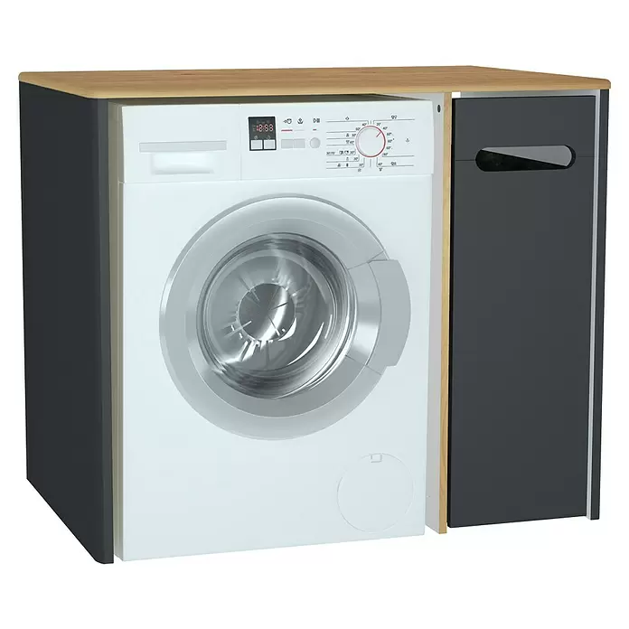 VitrA Sento Waschmaschinenschrank - B x T x H: 105 x 72 x 89,5 cm, Anthrazit, Auszug rechts - Weiße Frontlader-Waschmaschine mit dunkelgrauen Schränken und heller Holz-Arbeitsplatte.