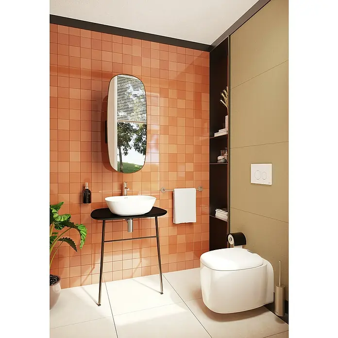 VitrA Plural Aufsatzwaschbecken - 45 x 38 cm, Mit schmutzabweisender Glasur, Hahnloch: Ohne, Ohne Überlauf, Weiß - Das Bild zeigt ein modernes Badezimmer mit einer Waschtisch-Kombination mit Aufsatzwaschbecken und einem wandhängenden WC mit Betätigungsplatte.