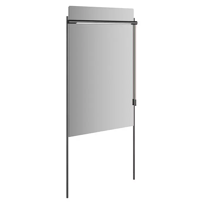 VitrA Equal Lichtspiegel - 63,5 x 138 cm, Schwarz - Beleuchtete graue Anzeigetafel auf schwarzem Rahmen mit roten Einstellkabeln.
