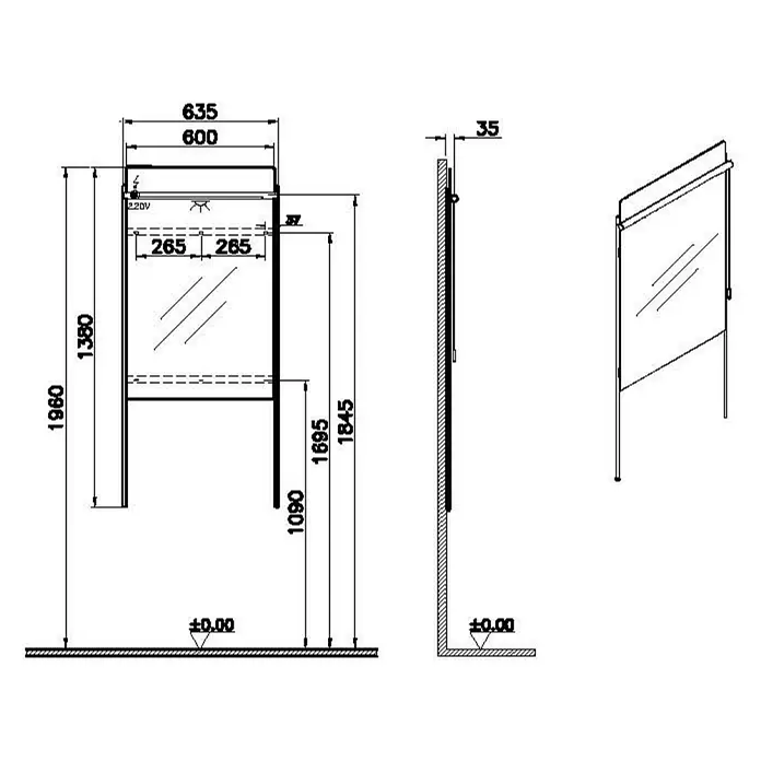 VitrA Equal Lichtspiegel - 63,5 x 138 cm, Schwarz - Technische Zeichnung eines wandmontierten Badezimmerspiegelschranks mit Beleuchtung und Maßen.