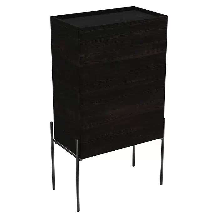 VitrA Equal Midischrank - B x T x H: 45 x 27 x 85 cm, Ulme, DIN Anschlag: Links - Dunkelbrauner Schrank mit Holzmaserung, schwarzer Platte und dünnen schwarzen Metallbeinen.
