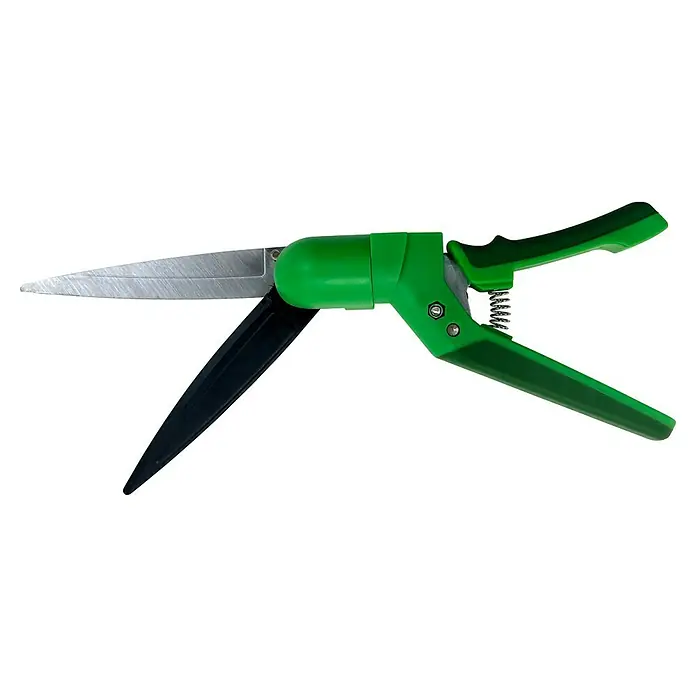 GrasschereAntihaftbeschichtet, 180 ° drehbar - Eine grüne Grasschere mit silberner Klinge und schwarzem Schutzbügel, ideal für präzise Rasenpflege und Gartengestaltung.