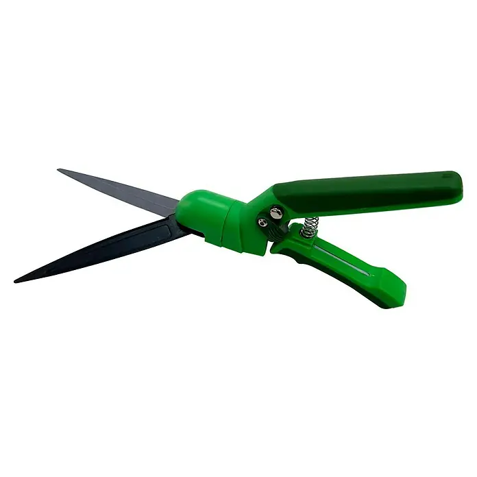 Tijeras cortacésped - Recubrimiento antiadherente, Orientable 180° - Las tijeras de césped verdes con hojas negras y grises son una herramienta útil para la jardinería, lo que permite cortes precisos.