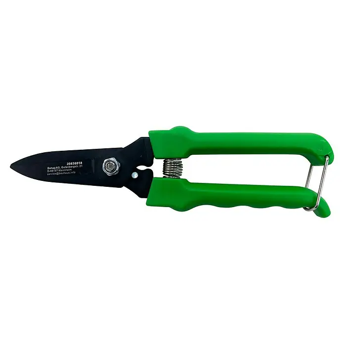 Trimmer GFGSB 190 - Bypass - Eine grüne Gartenschere mit einer schwarzen Klinge und einem silbernen Verschluss für den sicheren Gebrauch und die Lagerung des Werkzeugs.