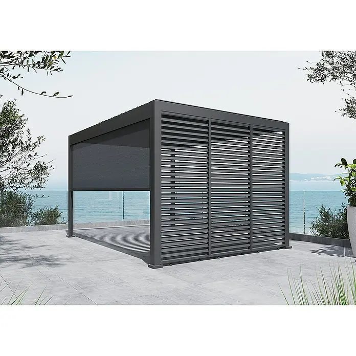 Sunfun Milos Panel lateral - An x Al: 276 x 217 cm, Antracita, Para pérgola con laterales Milos, Profundidad: 8,5 cm - Pérgola gris moderna con paredes de lamas y estor que ofrece sombra y privacidad con estilo en el área exterior.