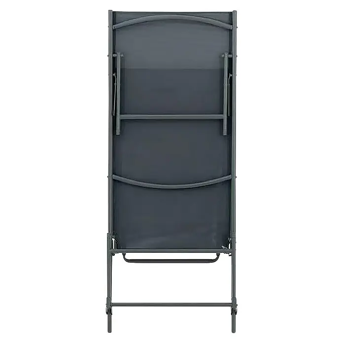 Gartenliege - L x B x H: 181 x 54,5 x 33,5 cm, Dunkelgrau, Stahl, Klappbar - Nahaufnahme eines zusammengeklappten, grauen Klappbetts mit Metallrahmen und dunkler Liegefläche. Kompakte Aufbewahrung.