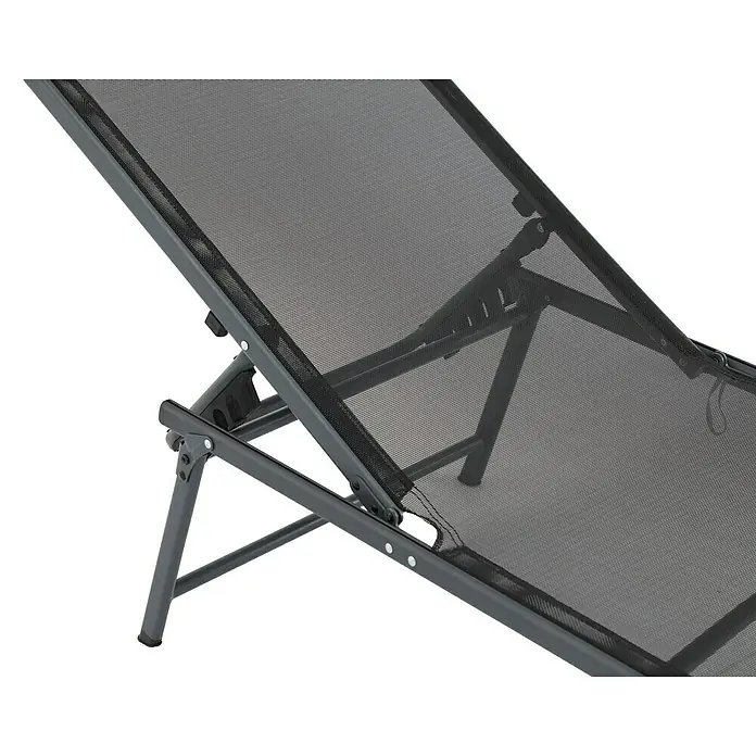 Gartenliege - L x B x H: 181 x 54,5 x 33,5 cm, Dunkelgrau, Stahl, Klappbar - Detailaufnahme eines grauen Liegestuhls mit verstellbarer Rückenlehne, ideal für Garten und Terrasse.