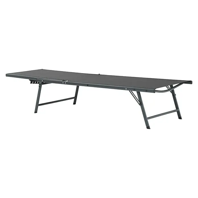 Gartenliege - L x B x H: 181 x 54,5 x 33,5 cm, Dunkelgrau, Stahl, Klappbar - Das Bild zeigt einen robusten Klapptisch, ideal für Camping oder Veranstaltungen im Freien, mit einem stabilen Metallrahmen und einer dunklen Tischplatte.