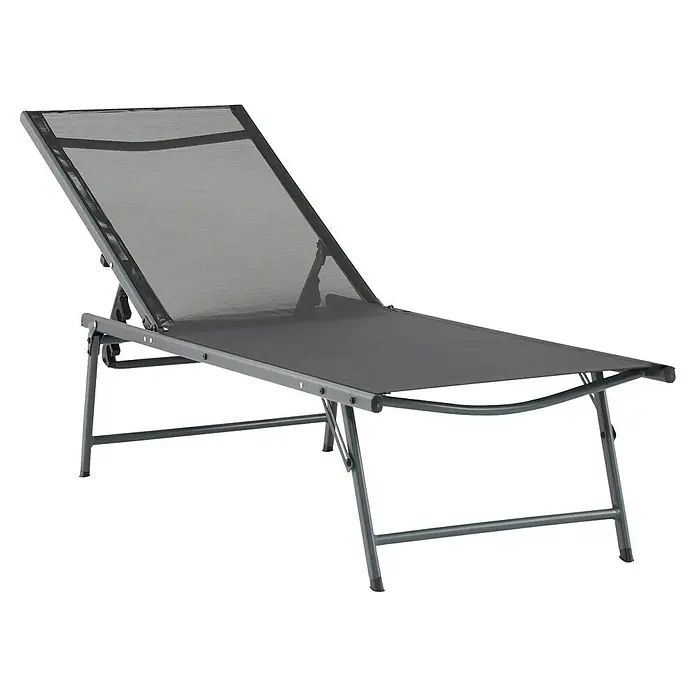Gartenliege - L x B x H: 181 x 54,5 x 33,5 cm, Dunkelgrau, Stahl, Klappbar - Eine graue Sonnenliege mit verstellbarer Rückenlehne und einem Metallrahmen, ideal für den Garten oder die Terrasse.