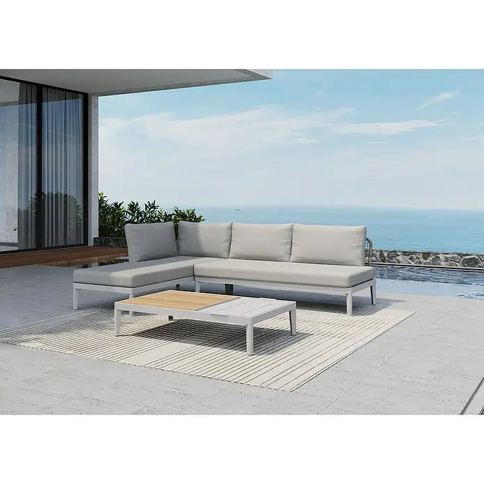 Sunfun Loungemöbel-Set Solo Rope Tabletttisch - 3 -tlg., Aluminium/Polyrattan/Olefin, Light-Greige - Elegante graue Lounge-Garnitur mit Couchtisch auf einer Terrasse mit Meerblick. Perfekt für entspannte Stunden im Freien mit stilvollem Design.